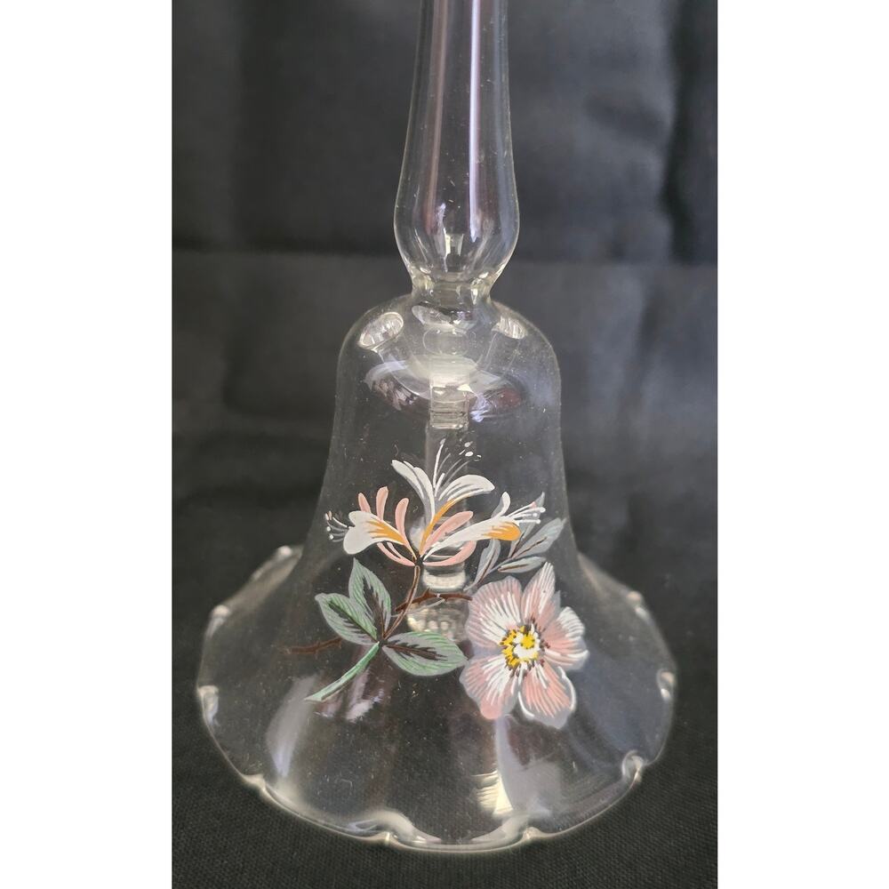 Long Handled Clear Glass Bell Hand Painted Floral Cottage Decor 10"